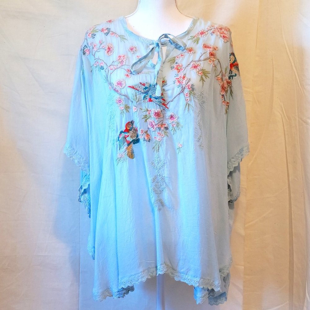 JOHNNY WAS Lovely Light Blue Embroidered Blouse with Flutter Sleeves - NWT!